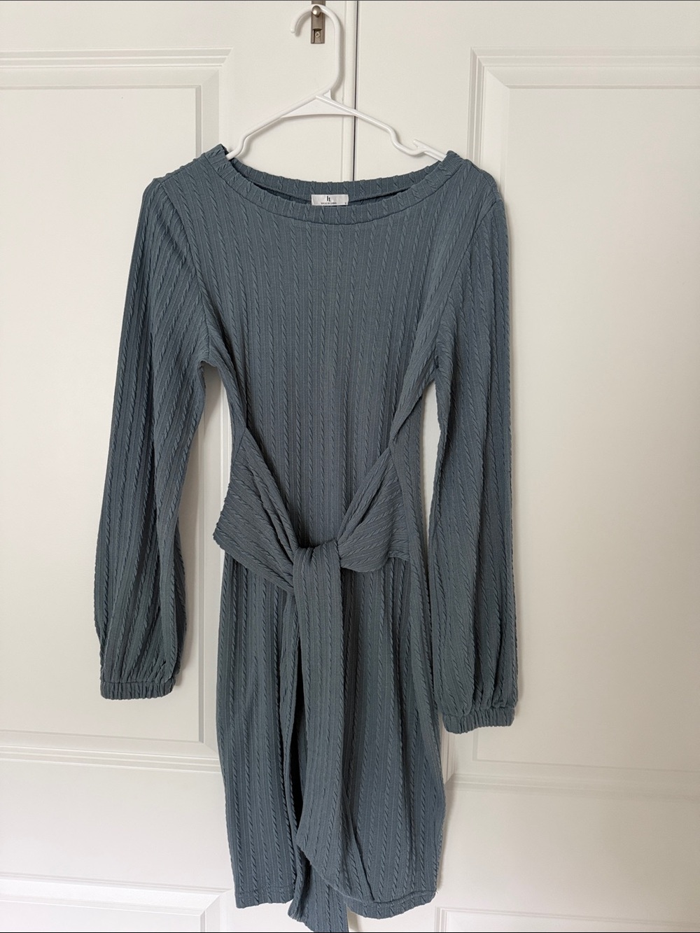 Long-Sleeve Fitted Tie-Waist Dress in Slate Blue